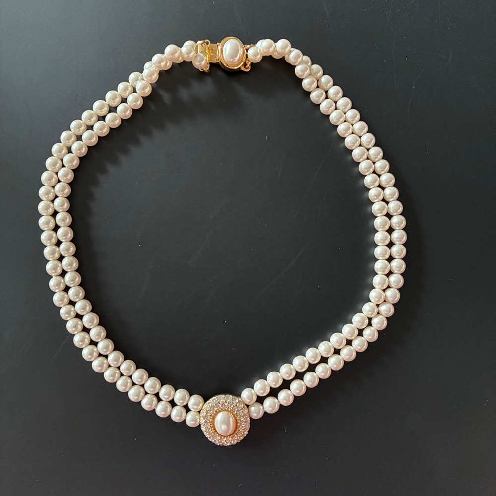 Vintage Napier Double Strand Faux Pearl Pavé Crystal Choker Necklace 16"